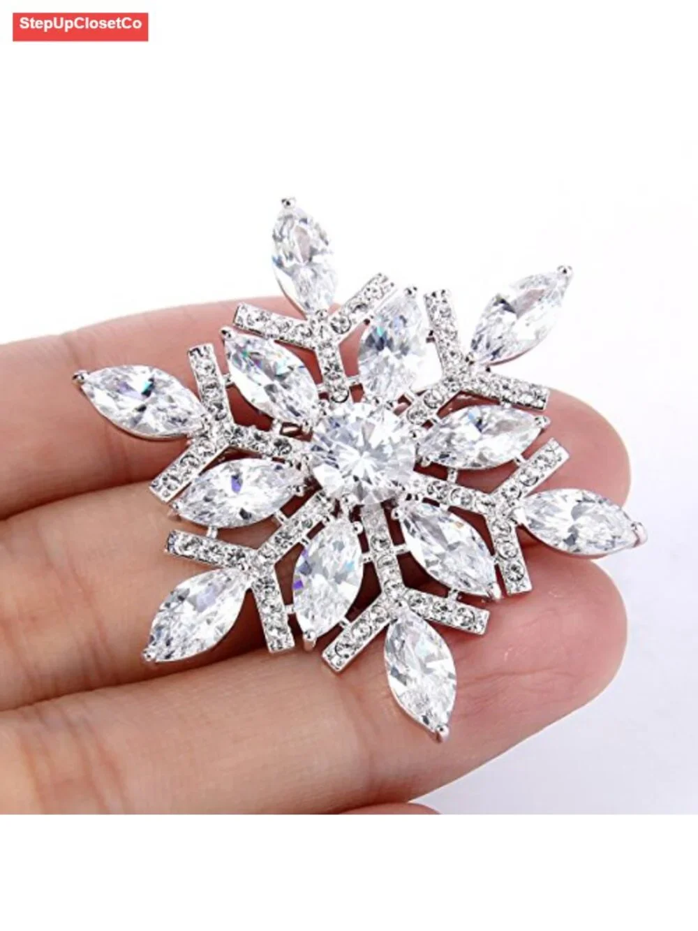 Cubic Zirconia Snowflake Brooch Pin Clear Silver-Tone Winter Bridal Corsage